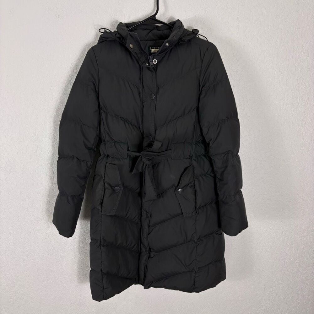 J. Crew Grey Puffer Long Winter‎ Jacket with tie Belt and Hood Size XS